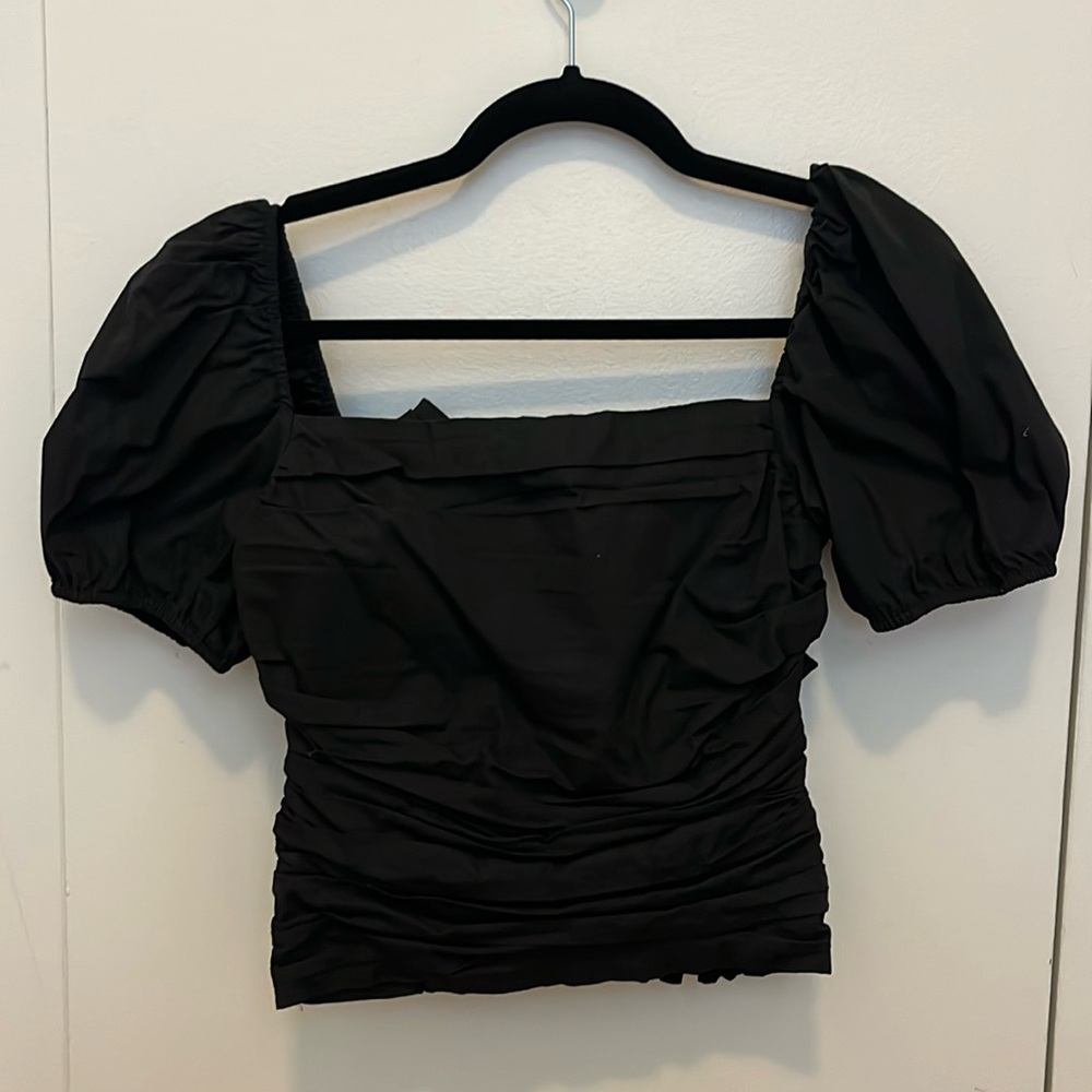 KOURT Puff Sleeve Bow Back Ruched Top